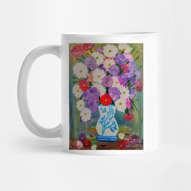 abstract carnations in a white vase with turquoise flowers on it . by kkartwork